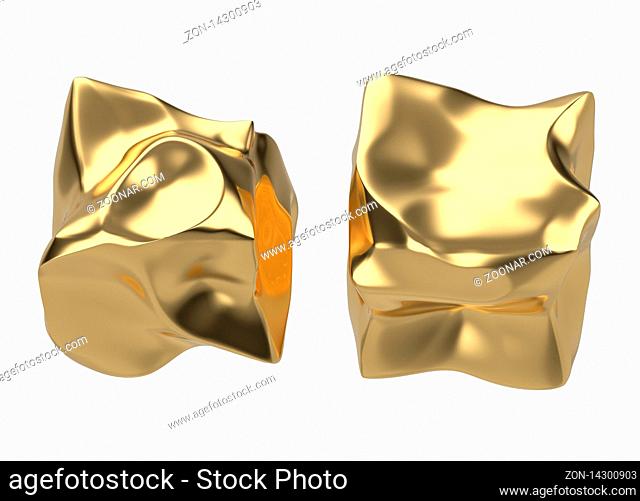 2 golden bars in the shape of boxes, 3D illustration isolated on white background. Conceptual depiction of success, wealth, and prosperity