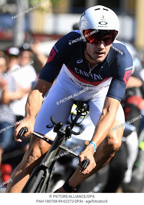 8 July 2018, Frankfurt/Main, Germany: Jan Frodeno from Germany riding his bike in the second round during the Ironman European Championships