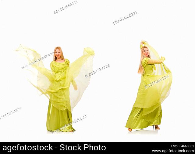 The young woman in elegant long green dress isolated on white