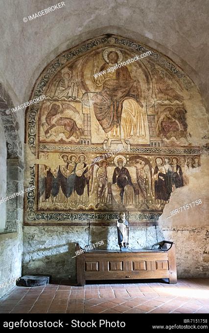 Saint Andre Abbaye, fresco in the refectory, the largest in Auvergne, Haute Loire department, Auvergne Rhone Alpes, France, Europe