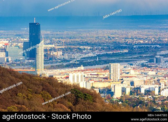 Vienna, DC Tower 1, Millennium Tower, river Donau, bridge Reichsbrücke in 00. district, overview, Vienna, Austria