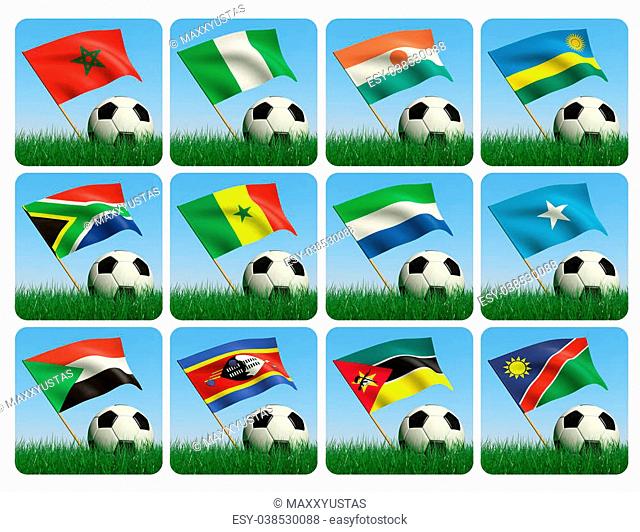 Soccer ball in the grass and the flag against the blue sky. African flags. 3d