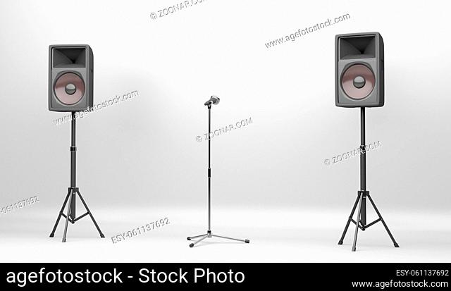 Concert stage equipped with two big speakers and a microphone with stand