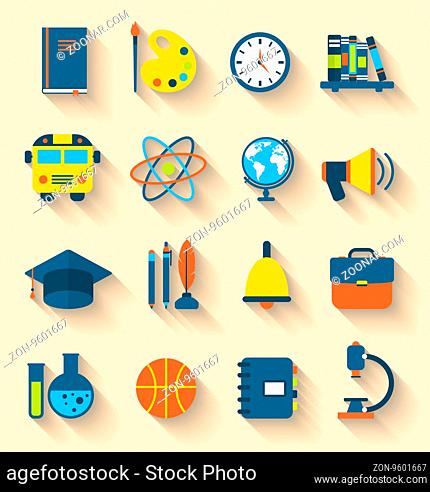 Illustration Set of Education Flat Colorful Icons with Long Shadow Style -