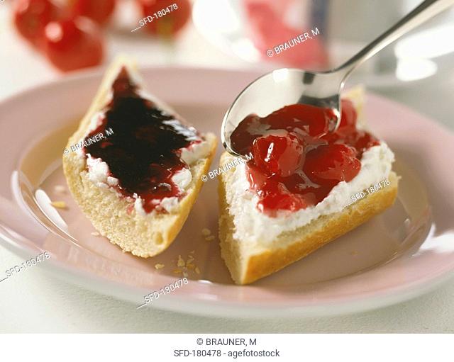 Blackcurrant jelly and cherry jam on baguettes