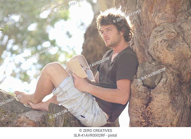 Smiling man reading in tree