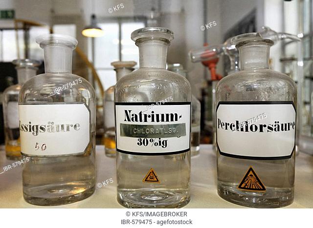 Bottles for toxic chemicals, laboratory at the disused ironworks Henrichshuette, industrial museum, Hattingen, NRW, Germany