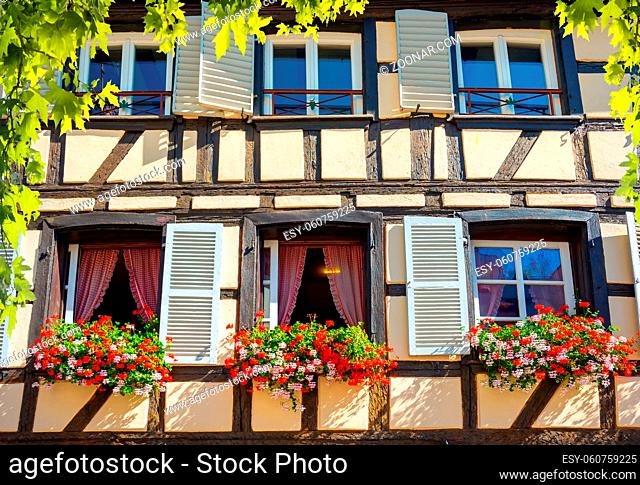 Wall and windows of traditional old house in Strasbourg, France