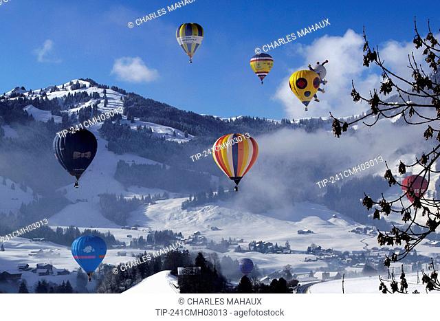 Europe, Switzerland, Vaud Canton, Chateau d'Oex city, Hot Air Balloon International Festival