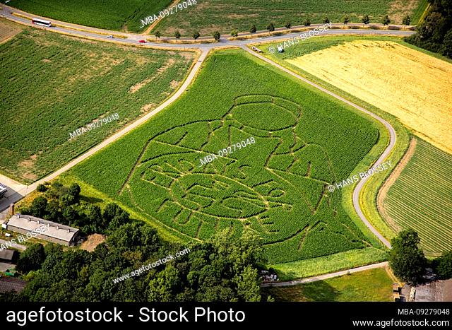 Aerial photograph of the FRIDAYS FOR FUTURE emblem with climate activist Greta Thunberg as corn maze on a field in Cappenberg, Selm, Ruhr area