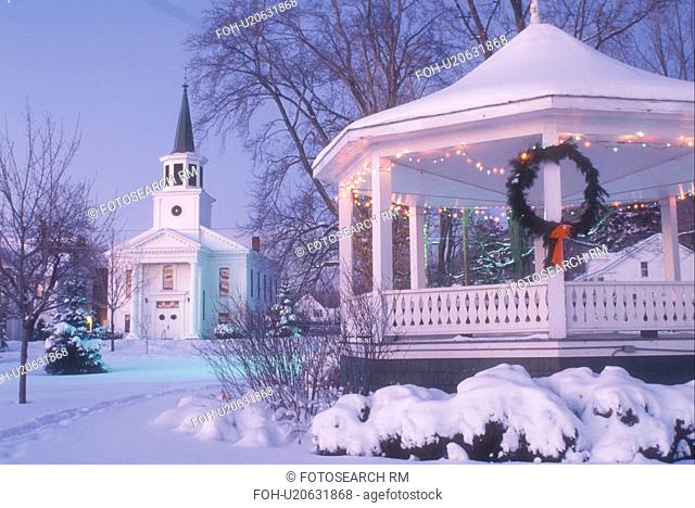 gazebo, church, Christmas, chapel, decorations, winter scene, holiday, village, snow, Vermont, The First Baptist Church and Gazebo on the Green are decorated...
