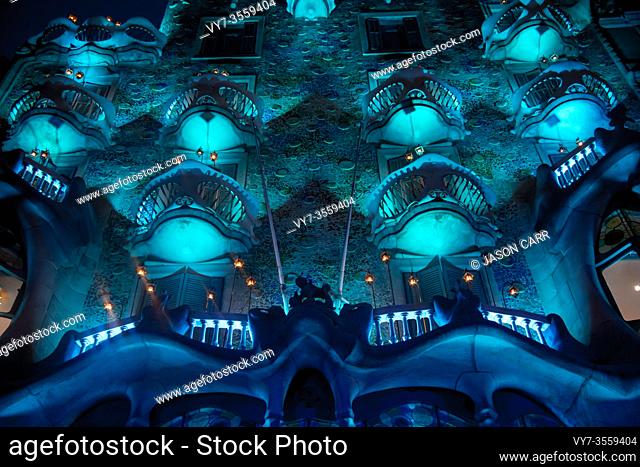 BARCELONA, SPAIN - December 24, 2018: Casa Batlló lighted up with the Christmas illumination. It is on the part of UNESCO World Heritage site by an artist...