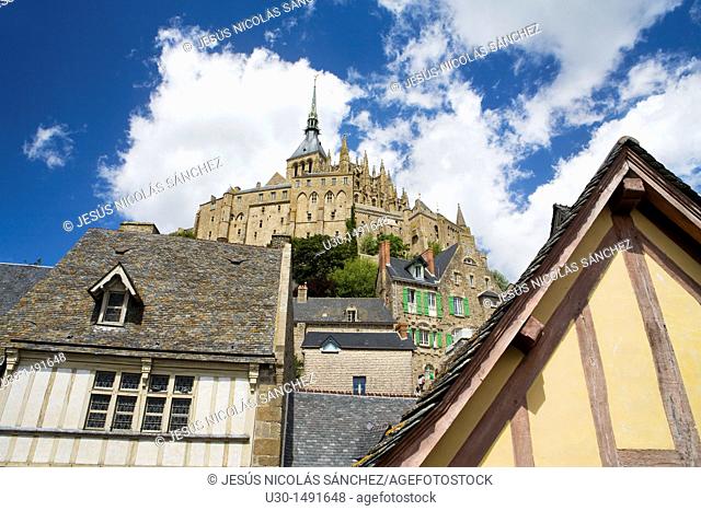Typical and old houses under Mont-Saint Michel abbey, listed as World Heritage by UNESCO, Manche department, Lower Normandie region, France