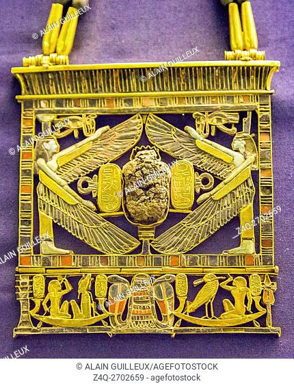 Egypt, Cairo, Egyptian Museum, jewellery found in the royal necropolis of Tanis, burial of Psusennes : Pectoral in 2 parts, joined by a hinge