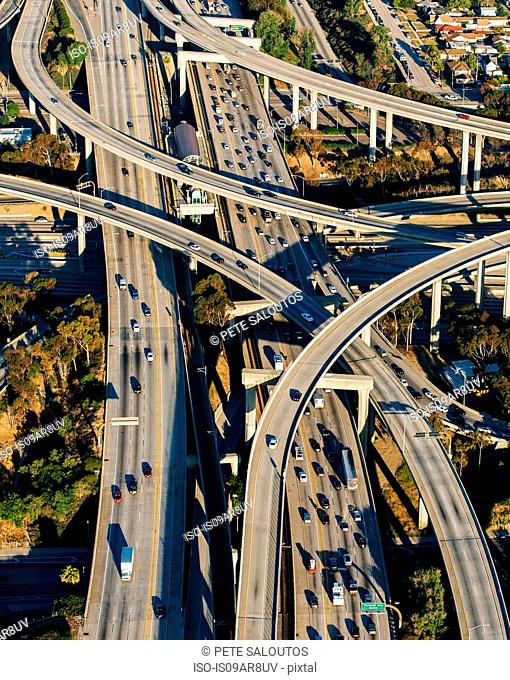 Aerial view of multi lane highways and curved flyovers, Los Angeles, California, USA
