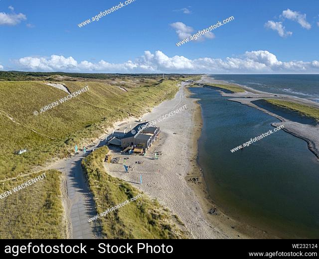 Aerial view with the lagoon at Camperduin beach, Schoorl, North Holland, Netherlands, Europe