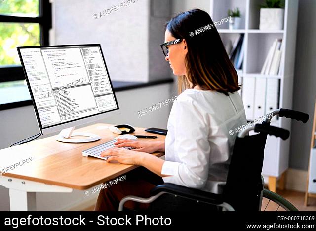 Programmer Woman With Disabilities Working. Software Coder