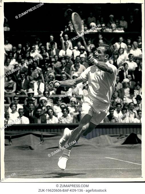 Jun. 06, 1962 - Wimbledon First Day Center Court. Photo Shows: Rod Laver (Australia), holder of the Men's Singles title, in play against N