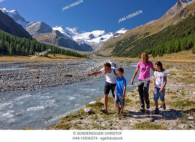 Family, walking, hiking, Val Roseg, nature, canton, GR, Graubünden, Grisons, family, footpath, walking, hiking, trekking, Switzerland, Europe, Pontresina