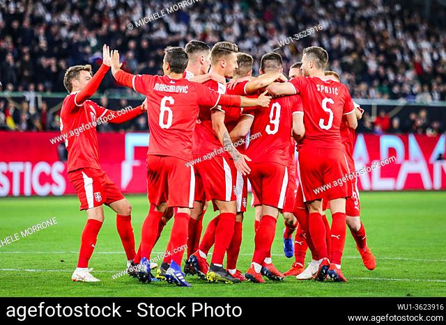 Wolfsburg, Germany, March 20, 2019: Serbian national team celebrating a goal during the international soccer game Germany vs Serbia in Wolfsburg