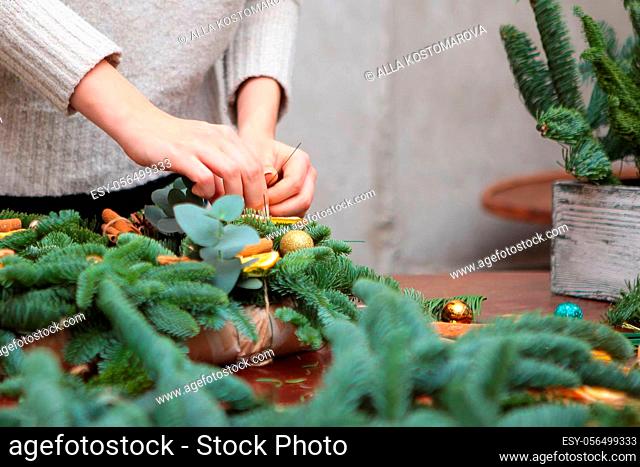 The girl makes her own hands Christmas wreath of branches of Danish spruce and eucalyptus. Traditional decoration for New year or Christmas