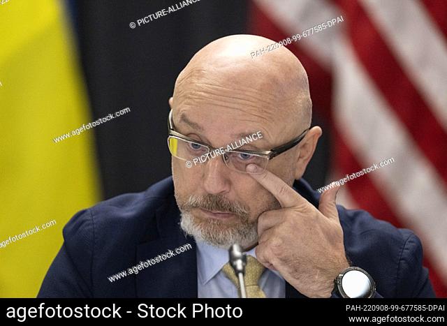 08 September 2022, Rhineland-Palatinate, Ramstein: Ukrainian Defense Minister Olexiy Resnikov takes his seat at the beginning of the Ukraine Conference at the U
