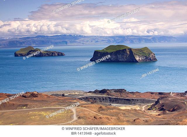 View from the volcanic cone Eldfell of the Westman Islands, Iceland, Europe