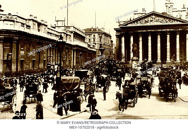 Bank of England and Royal Exchange, City of London, on a busy day