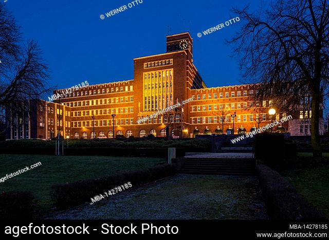 Brick expressionism, city hall in old Oberhausen in the evening, blue hour, lighting, Oberhausen, Ruhr area, North Rhine-Westphalia