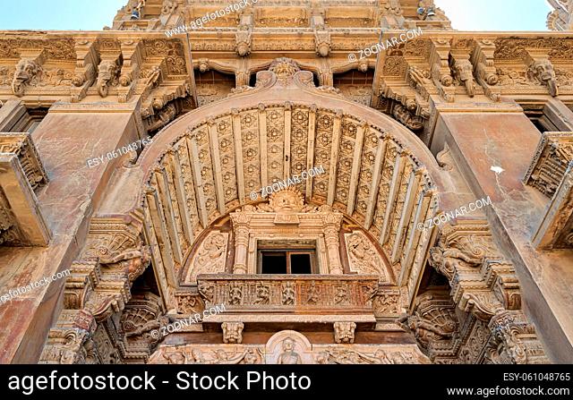 Low angled view of external facade of Baron Empain Palace, Heliopolis district, Cairo, Egypt