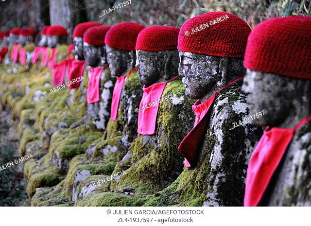Jizo statues on the trail, Nikko. Japan, Honshu, Kanto, Tochigi, Nikko, Kanman-ga-Fuchi