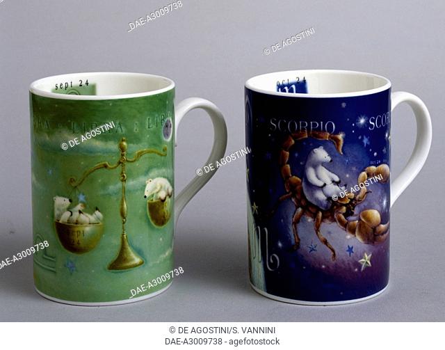 Zodiac mugs, Libra and Scorpio, Rob Scotton series, ceramic, Portmeirion Potteries manufacture, Stoke-on-Trent, England, 20th century