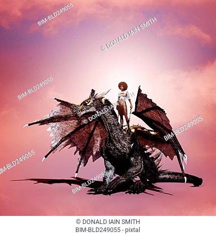 Woman riding dragon