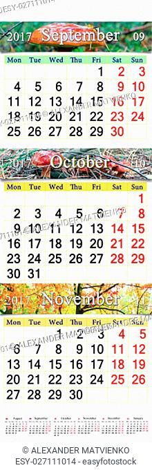 October November and December 2017 with colored pictures of mushrooms in form of triple calendar