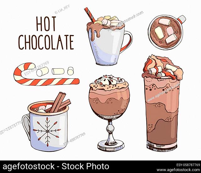 Set of hand drawn vector illustrations isolated on white. Hot chocolate with Christmas candy cane and marshmallow. Clip art