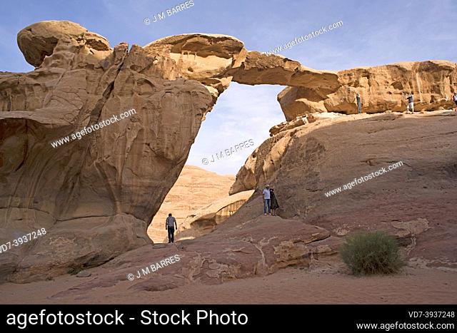 Wadi Rum or Valley of the Moon (UNESCO World Heritage). Natural arch in Al Harazah. Jordan