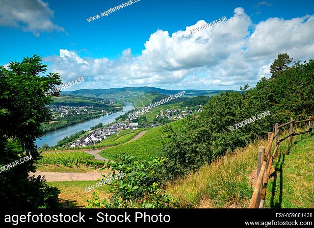 Panoramic landscape with view to the Moselle village Lieser close to Bernkastel, Germany