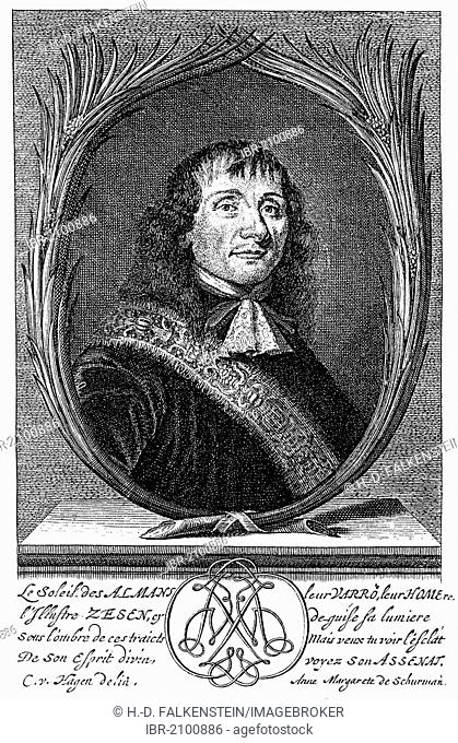 Historic print, portrait of Philipp von Zesen also known as Filip Coesius, Caesius or Ritterhold von Blauen, 1619 - 1689