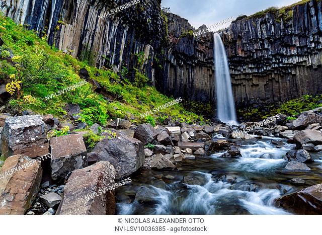Svartifoss waterfall in autumn with watercourse in long exposure, Skaftafell National Park, Iceland