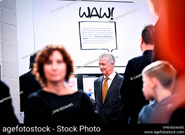 King Philippe - Filip of Belgium pictured at a royal visit to the exhibition called ""Wat Alz? Van Oei naar Waw"", in Leuven, Wednesday 22 November 2023