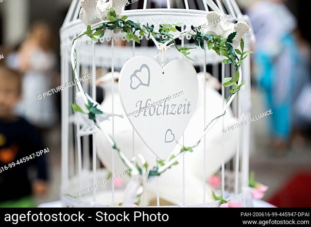 16 June 2020, North Rhine-Westphalia, Cologne: White doves in a cage with the inscription ""Wedding"" are standing in front of the town hall
