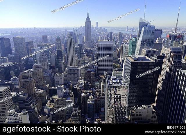 View of Downtown Manhattan and Empire State Building from Rockefeller Center, Manhattan, New York City, New York