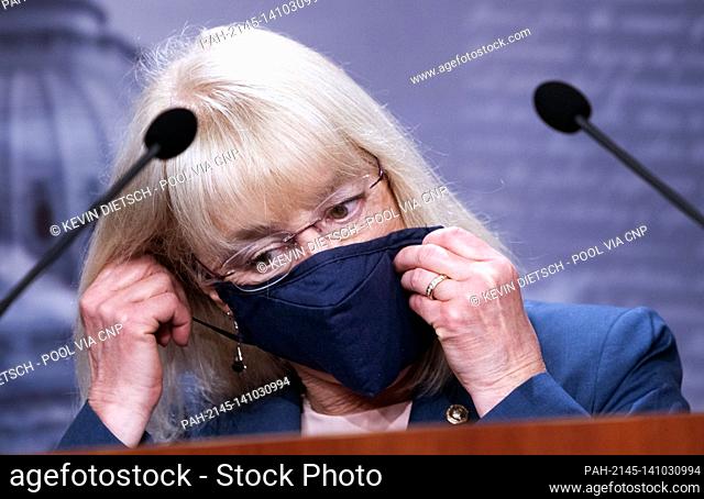 United States Senator Patty Murray (Democrat of Washington), puts on her mask after speaking at a press conference following the Senate policy luncheon on...
