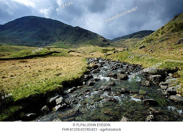 View of upland river feeding into Haweswater Reservoir, Mardale Beck, Mardale Valley, Lake District, Cumbria, England, april