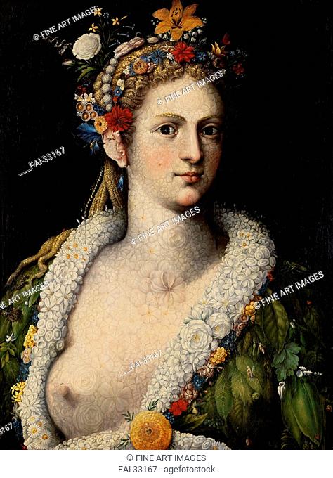 Flora Meretrix by Arcimboldo, Giuseppe (1527-1593)/Oil on wood/Mannerism/ca 1590/Italy, Milanese school/Private Collection/80, 5x57, 5/Mythology