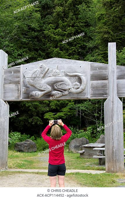 Wasco, the Sea Wolf, marks the entrance to Spirit Lake Trail, Skidegate, Haida Gwaii, formerly known as Queen Charlotte Islands, British Columbia, Canada