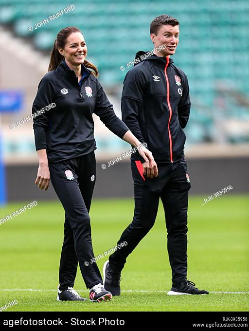 Catherine Duchess of Cambridge, the new Patron of England Rugby, visits Twickenham Stadium to meet Eddie Jones and players from both the ens and ladies teams