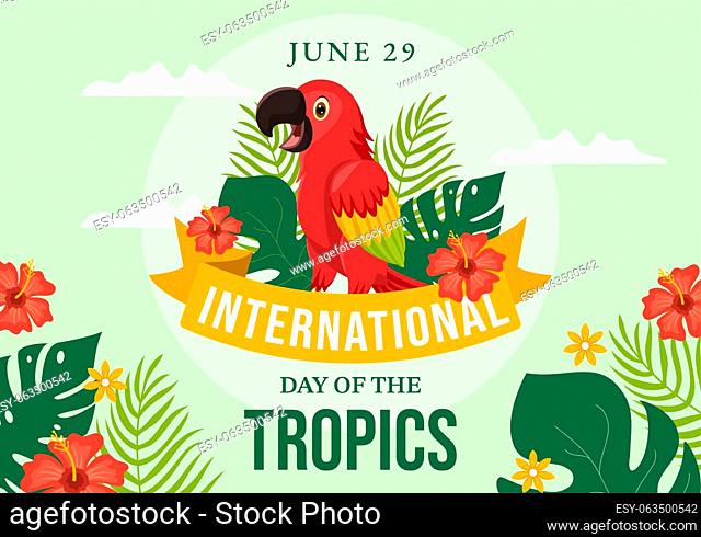 International Day of the Tropic Vector Illustration on 29 June with Animal, Grass and Flower Plants to Preserve in Flat Cartoon Hand Drawn Templates