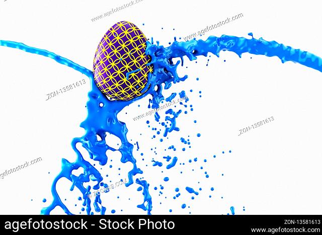 Coloring Easter Egg, Vibrant blue Paint pouring over painted egg isolated on white Background. 3d illustration