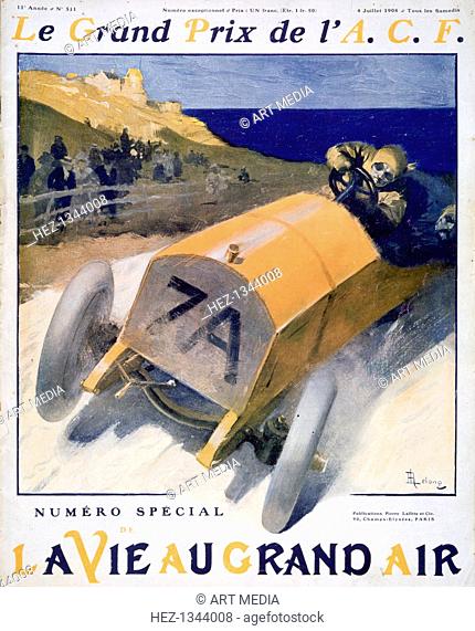 French Grand Prix, cover of the magazine 'La Vie au Grand Air', 1908. The third edition of the French Grand Prix was held at Dieppe in 1908